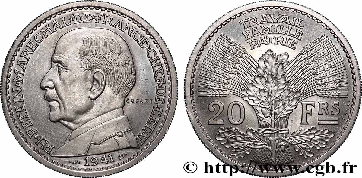 Essai de 20 francs Pétain en bronze-nickel par Cochet 1941  GEM.202 3 MS 