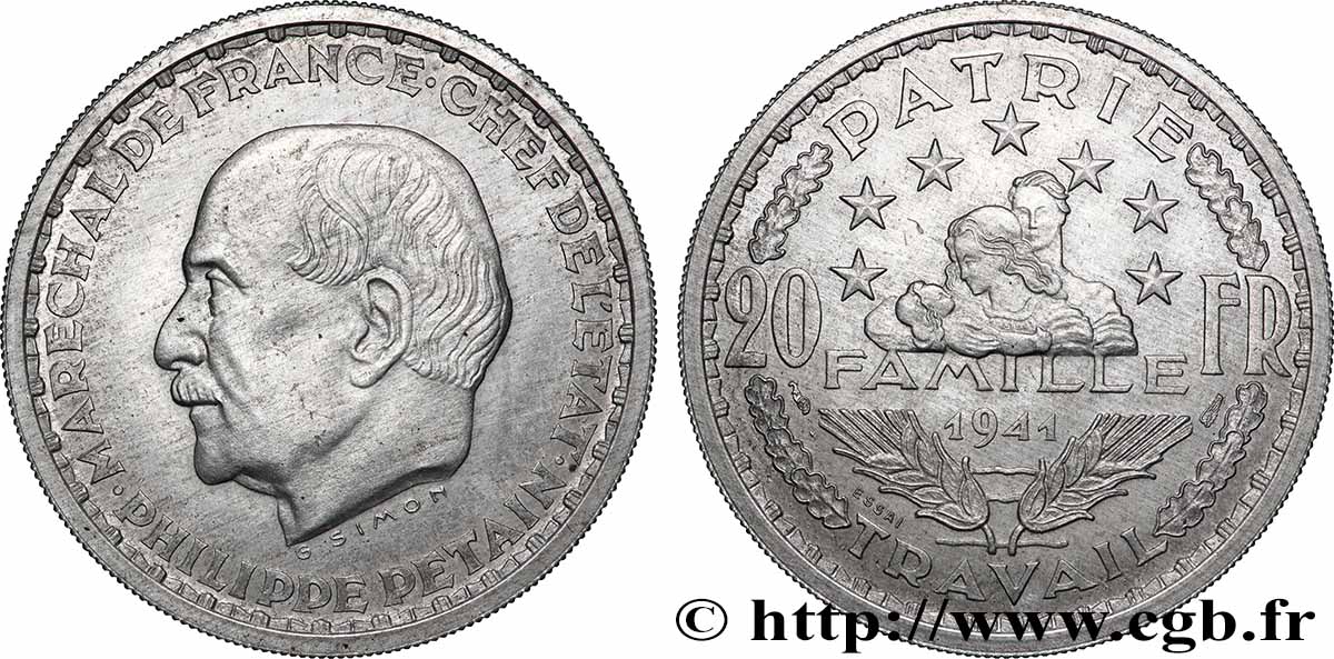 Essai de 20 francs Pétain en aluminium par Simon 1941 Paris GEM.204 1 MS 