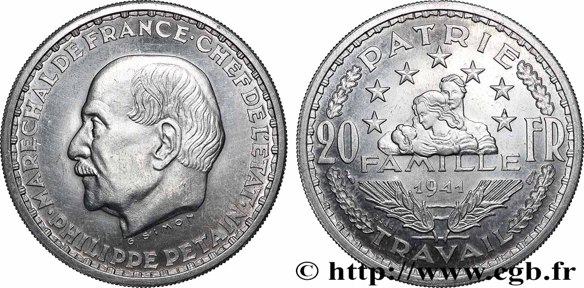 Essai-piéfort de 20 francs Pétain en aluminium par Simon 1941 Paris GEM.204 EP1 MS 