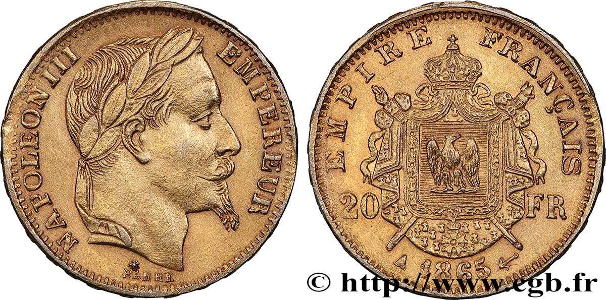 Faux de 20 francs Napoléon III, tête laurée 1865 Paris F.532/11 var. SUP 