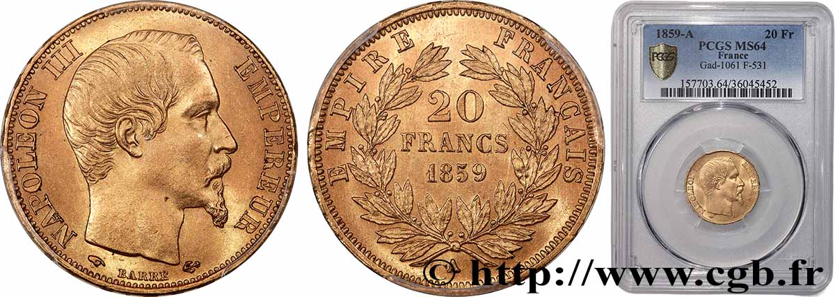 20 francs or Napoléon III, tête nue 1859 Paris F.531/15 SPL64 PCGS