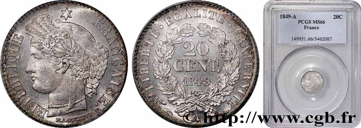 20 centimes Cérès, IIe République 1849 Paris F.146/1 FDC66 PCGS