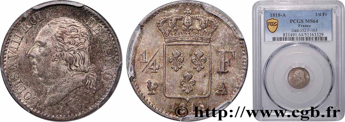 1/4 franc Louis XVIII 1818 Paris F.163/12 MS64 PCGS