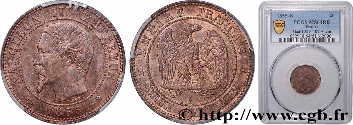 Deux centimes Napoléon III, tête nue 1855 Bordeaux F.107/34 MS64 PCGS