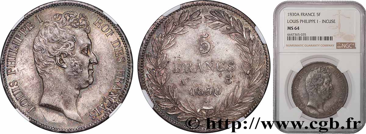 5 francs type Tiolier avec le I, tranche en creux 1830 Paris F.315/1 SPL64 NGC