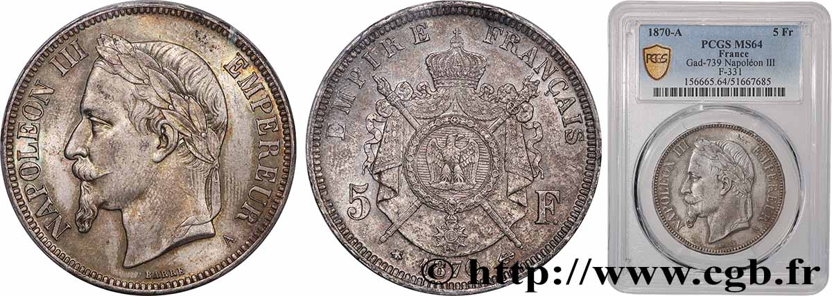 5 francs Napoléon III, tête laurée 1870 Paris F.331/16 SPL64 PCGS