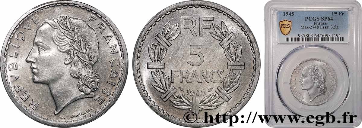 Essai de 5 francs Lavrillier, aluminium, 3,5 g 1945  F.339/1 SPL64 PCGS