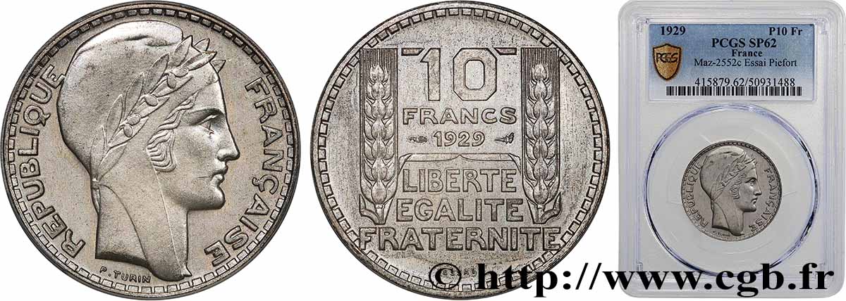 Essai-piéfort de 10 francs Turin 1929  GEM.173 EP MS62 PCGS