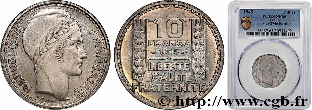 Essai de 10 francs Turin, grosse tête, rameaux longs 1945 Paris F.361/1 MS65 PCGS