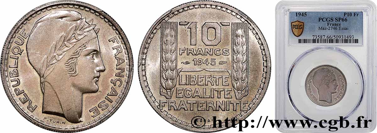 Essai de 10 francs Turin, grosse tête, rameaux longs 1945 Paris F.361/1 MS66 PCGS