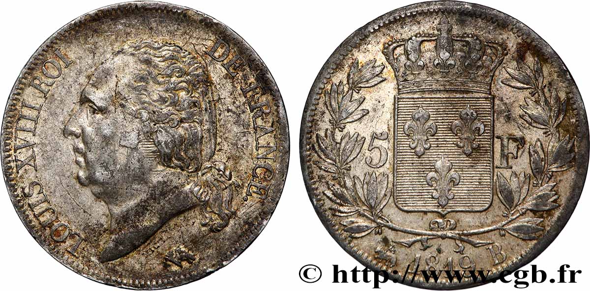 5 francs Louis XVIII, tête nue 1819 Rouen F.309/41 TB 