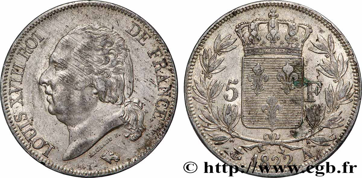 5 francs Louis XVIII, tête nue 1822 Paris F.309/68 TB 