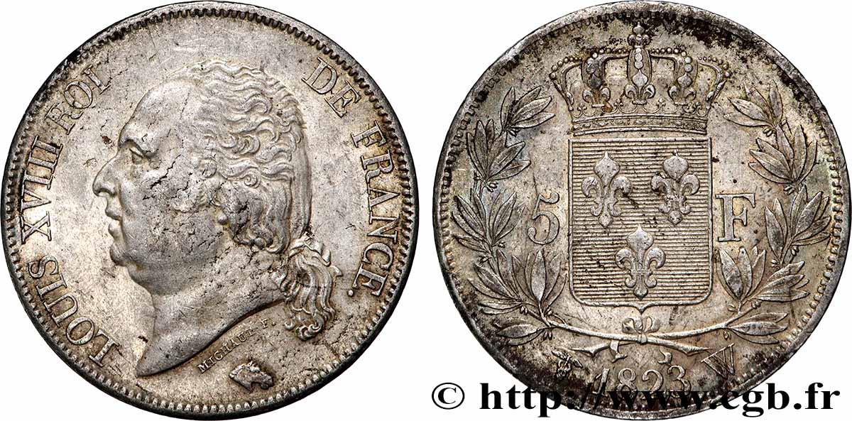 5 francs Louis XVIII, tête nue 1823 Lille F.309/87 TB+ 