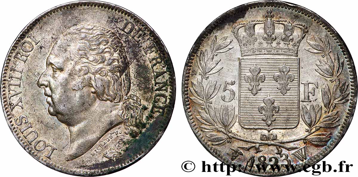5 francs Louis XVIII, tête nue 1823 Lille F.309/87 TTB 