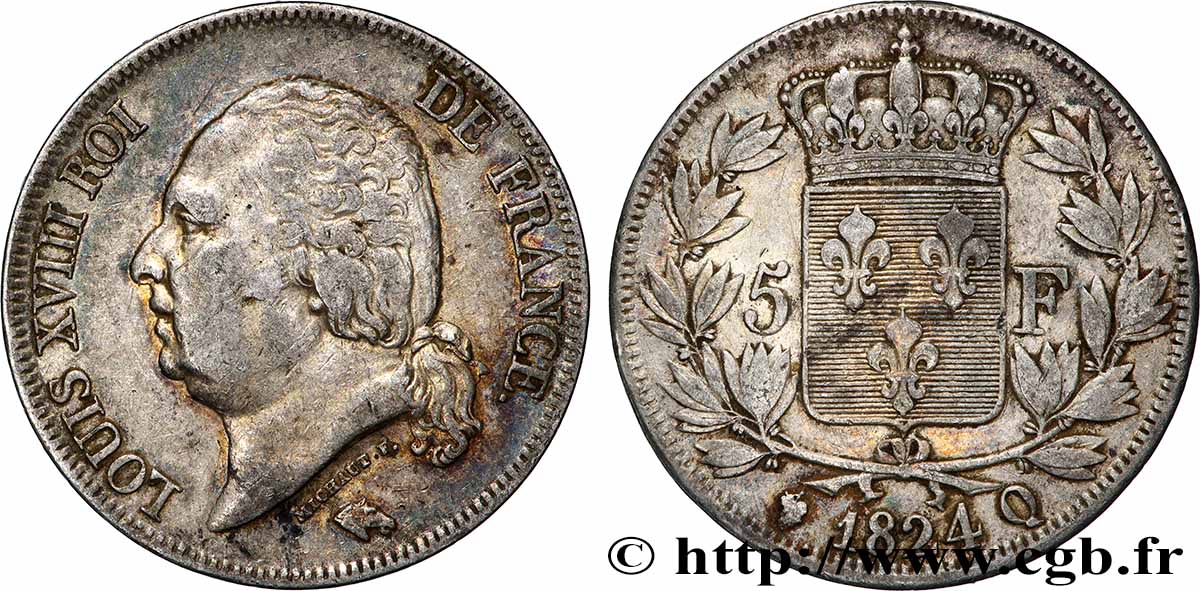 5 francs Louis XVIII, tête nue 1824 Perpignan F.309/97 TB+ 