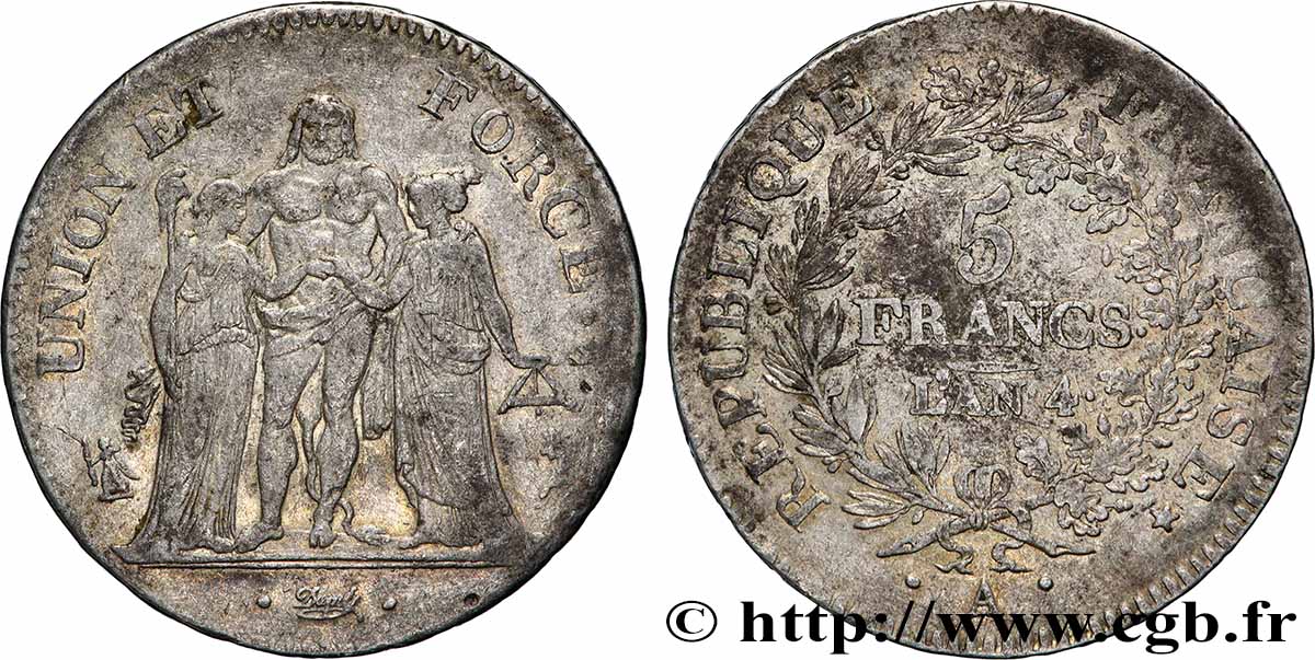 5 francs Union et Force, Union serré, avec glands intérieurs et gland extérieur 1796 Paris F.288/3 TB+ 