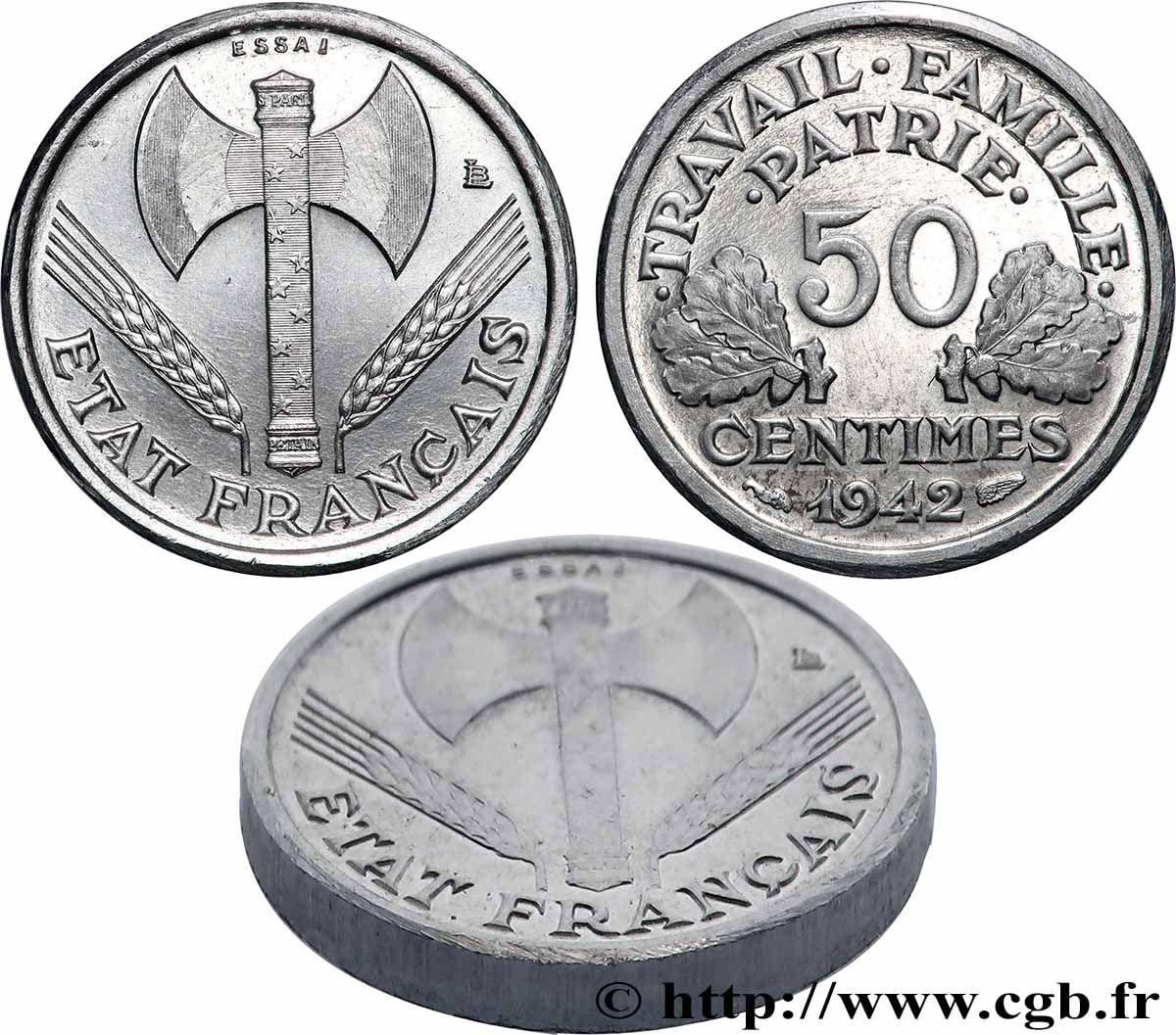 Essai-piéfort aluminium de 50 centimes Francisque, frappe médaille 1942 Paris GEM.86 EP1 SPL63 