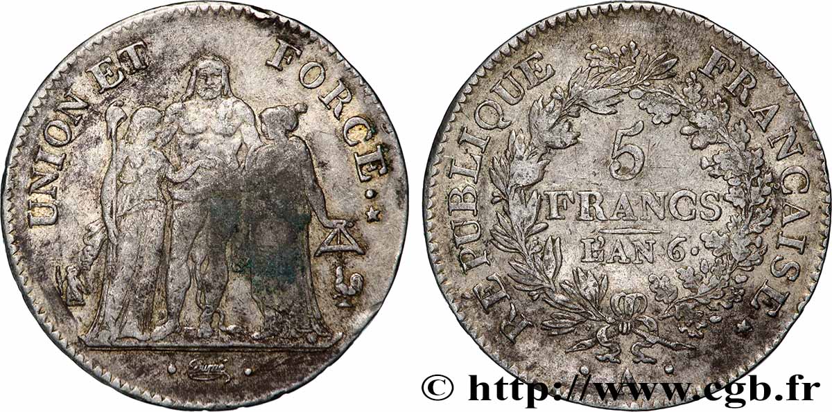 5 francs Union et Force, Union serré, glands intérieurs, gland extérieur 1798 Paris F.288/35 TB+ 
