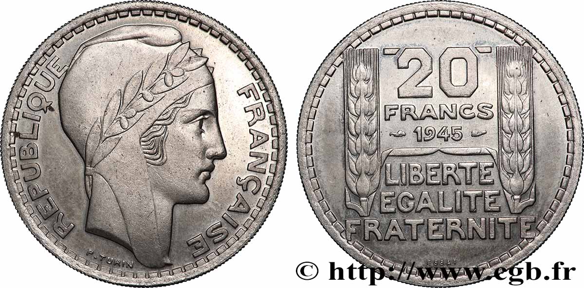 Essai de 20 francs Turin en cupro-nickel 1945 Paris GEM.206 1 SUP62 