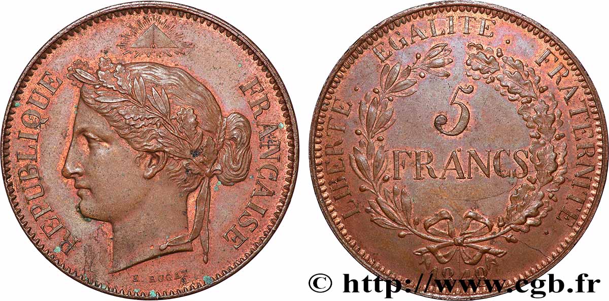 Concours de 5 francs, en cuivre de Rogat 1848  VG.3091 var VZ+ 