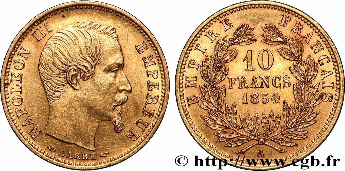 10 francs or Napoléon III, tête nue, petit module, tranche lisse 1854 Paris F.505/1 SUP+ 