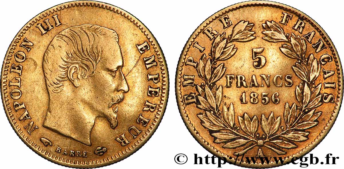 5 francs or Napoléon III, tête nue, grand module 1856 Paris F.501/2 TB 