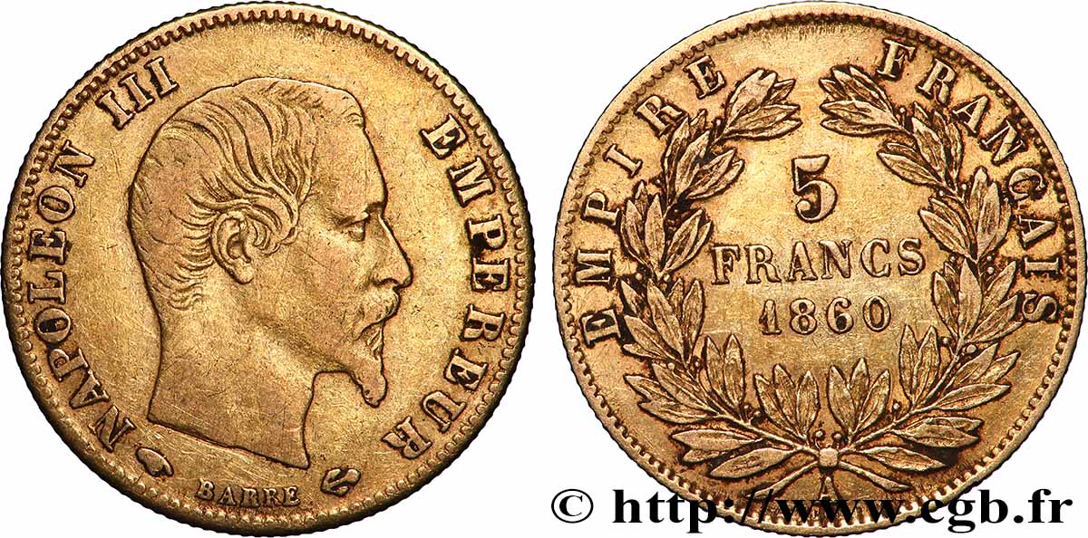 5 francs or Napoléon III, tête nue, grand module 1860 Paris F.501/10 TB+ 