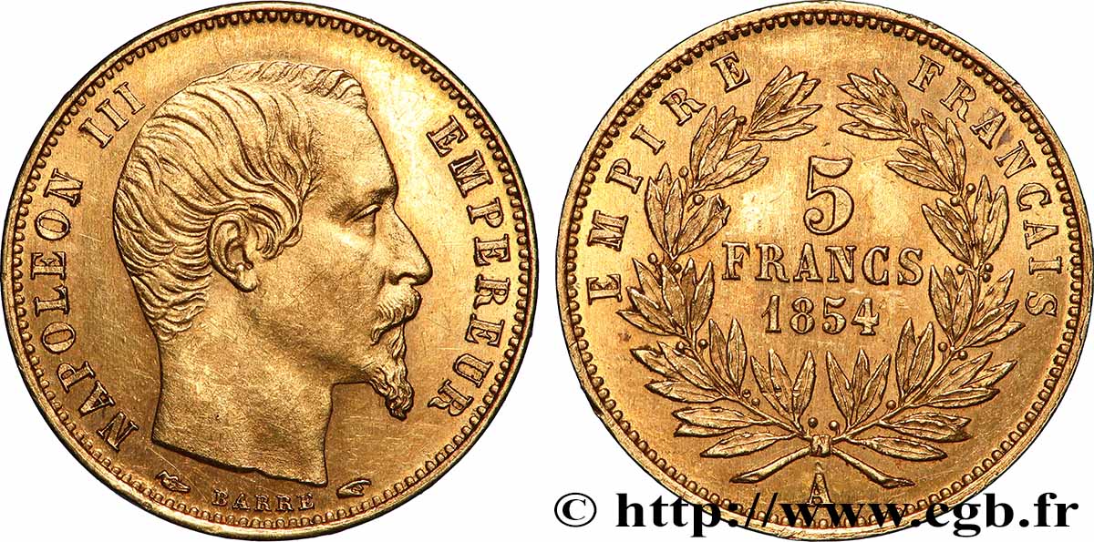 5 francs or Napoléon III, tête nue, petit module, tranche lisse 1854 Paris F.500/1 SUP+ 