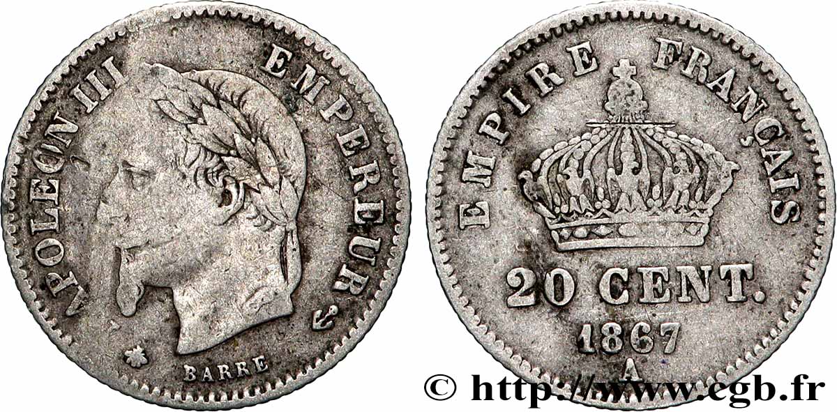 20 centimes Napoléon III, tête laurée, grand module 1867 Paris F.150/1 fS 