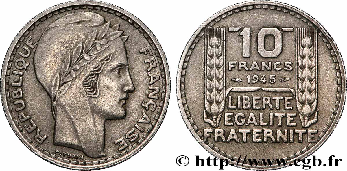 10 francs Turin, grosse tête, rameaux longs 1945  F.361/2 q.SPL 