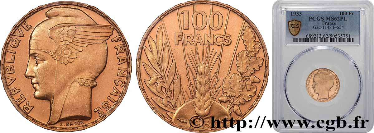 100 francs or, Bazor 1933 Paris F.554/4 SUP62 PCGS