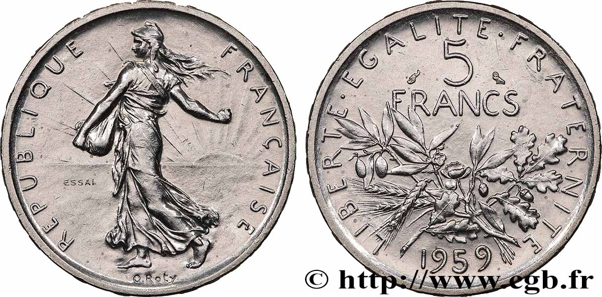 Essai de 5 francs Semeuse, argent, grand 5 1959 Paris F.340/1 SUP+ 