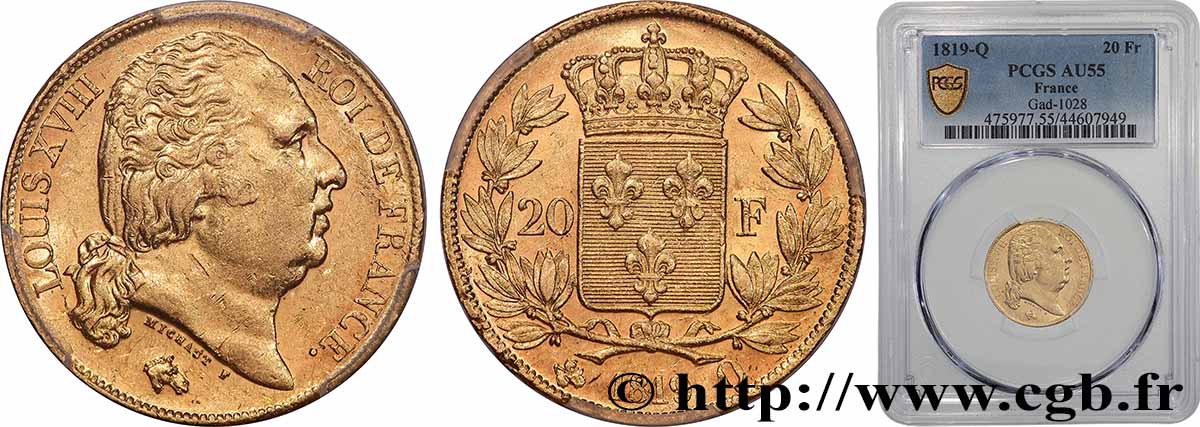 20 francs or Louis XVIII, tête nue 1819 Perpignan F.519/16 SUP55 PCGS