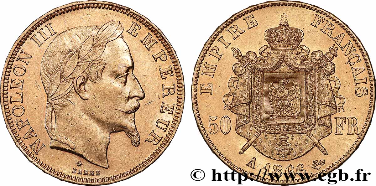 50 francs or Napoléon III, tête laurée 1866 Paris F.548/6 AU 