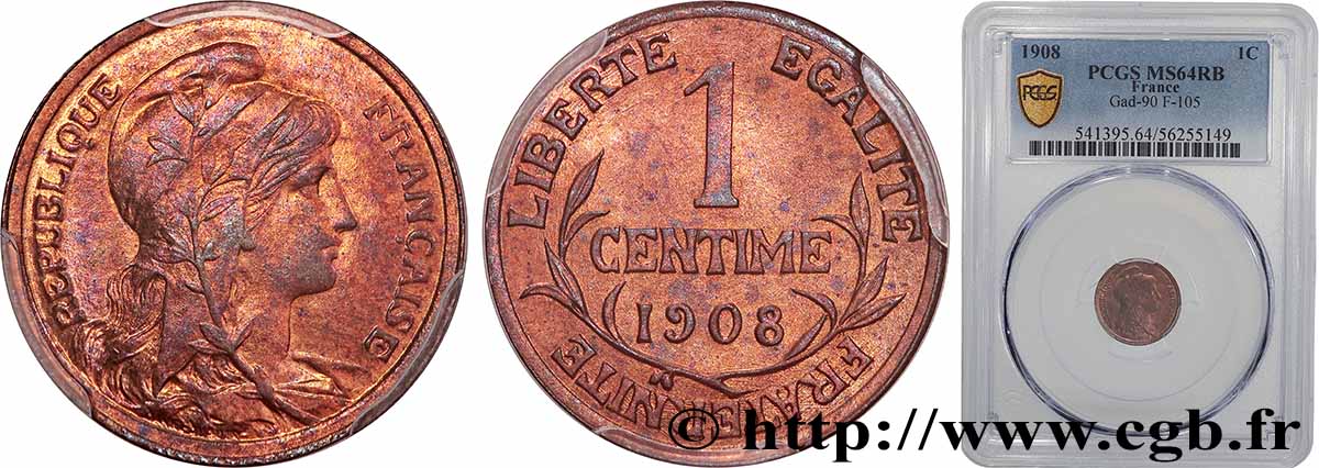 1 centime Daniel-Dupuis 1908 Paris F.105/10 SPL64 PCGS