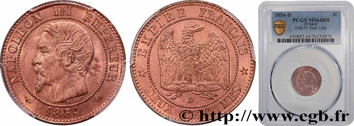 Deux centimes Napoléon III, tête nue 1854 Lyon F.107/15 SPL64 PCGS