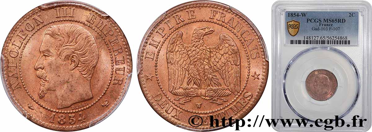 Deux centimes Napoléon III, tête nue 1854 Lille F.107/18 FDC65 PCGS