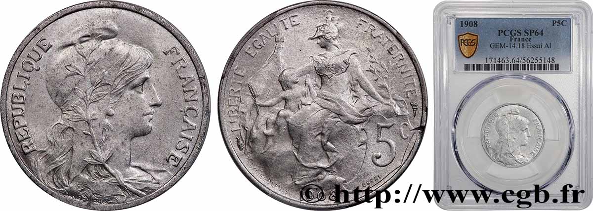 Essai de 5 centimes Daniel-Dupuis, en aluminium 1908 Paris GEM.14 18 MS64 PCGS