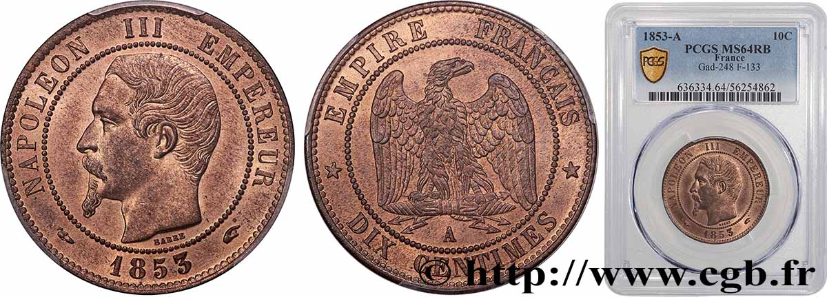 Dix centimes Napoléon III, tête nue 1853 Paris F.133/2 SPL64 PCGS