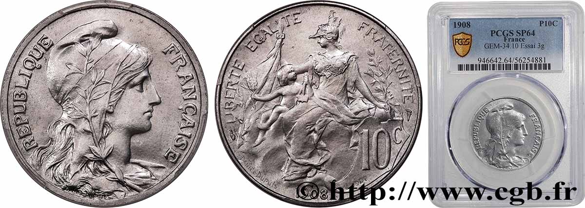 Essai de 10 centimes Daniel-Dupuis en aluminium 1908  GEM.34 10 MS64 PCGS