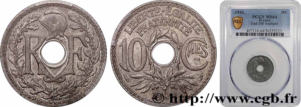 10 centimes Lindauer en zinc, Cmes souligné et millésime sans points 1941  F.140/1 SPL64 PCGS