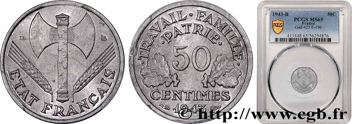 50 centimes Francisque, légère 1943 Beaumont-Le-Roger F.196/3 FDC65 PCGS