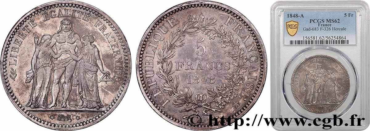 5 francs Hercule, IIe République 1848 Paris F.326/1 SUP62 PCGS