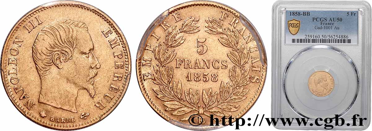 5 francs or Napoléon III, tête nue, grand module 1858 Strasbourg F.501/6 TTB50 PCGS