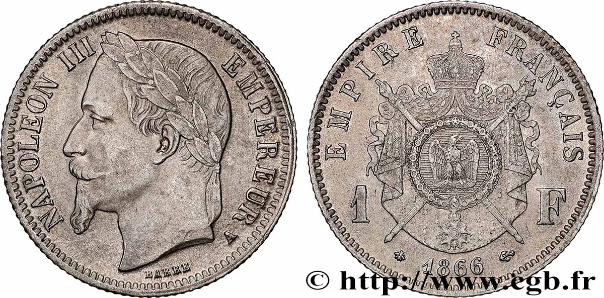 1 franc Napoléon III, tête laurée 1866 Paris F.215/3 TTB 