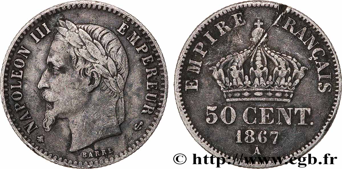 50 centimes Napoléon III, tête laurée 1867 Paris F.188/13 TB 