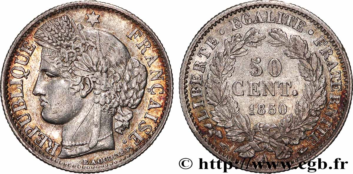 50 centimes Cérès, IIe République 1850 Paris F.184/2 TTB+ 