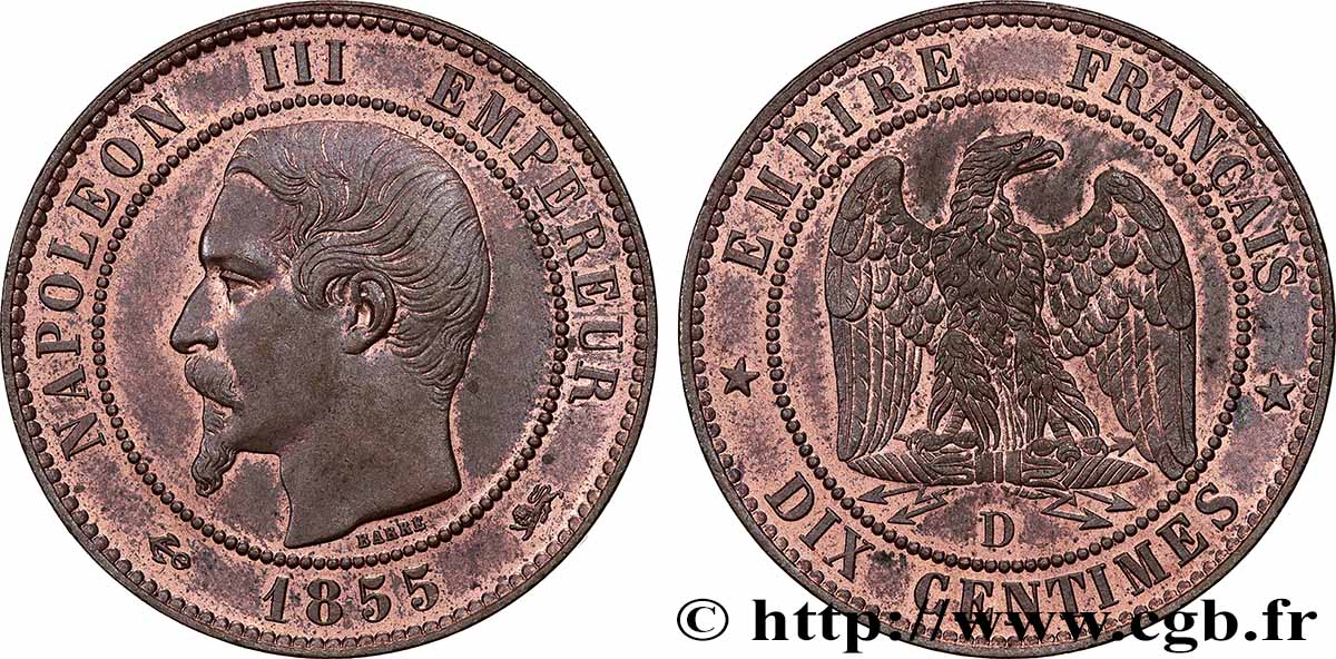 Dix centimes Napoléon III, tête nue 1855 Lyon F.133/26 SUP62 