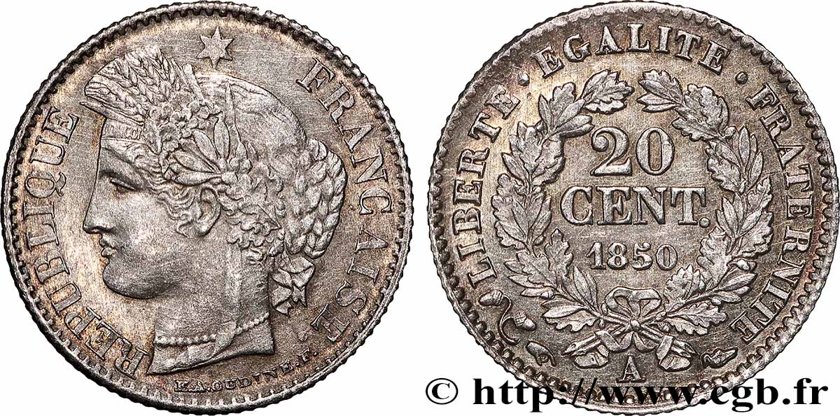 20 centimes Cérès, IIe République 1850 Paris F.146/3 SUP/SUP+ 