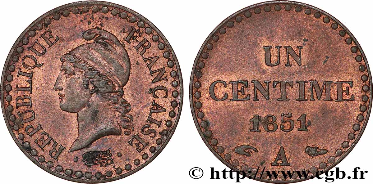Un centime Dupré, IIe République 1851 Paris F.101/8 SUP 